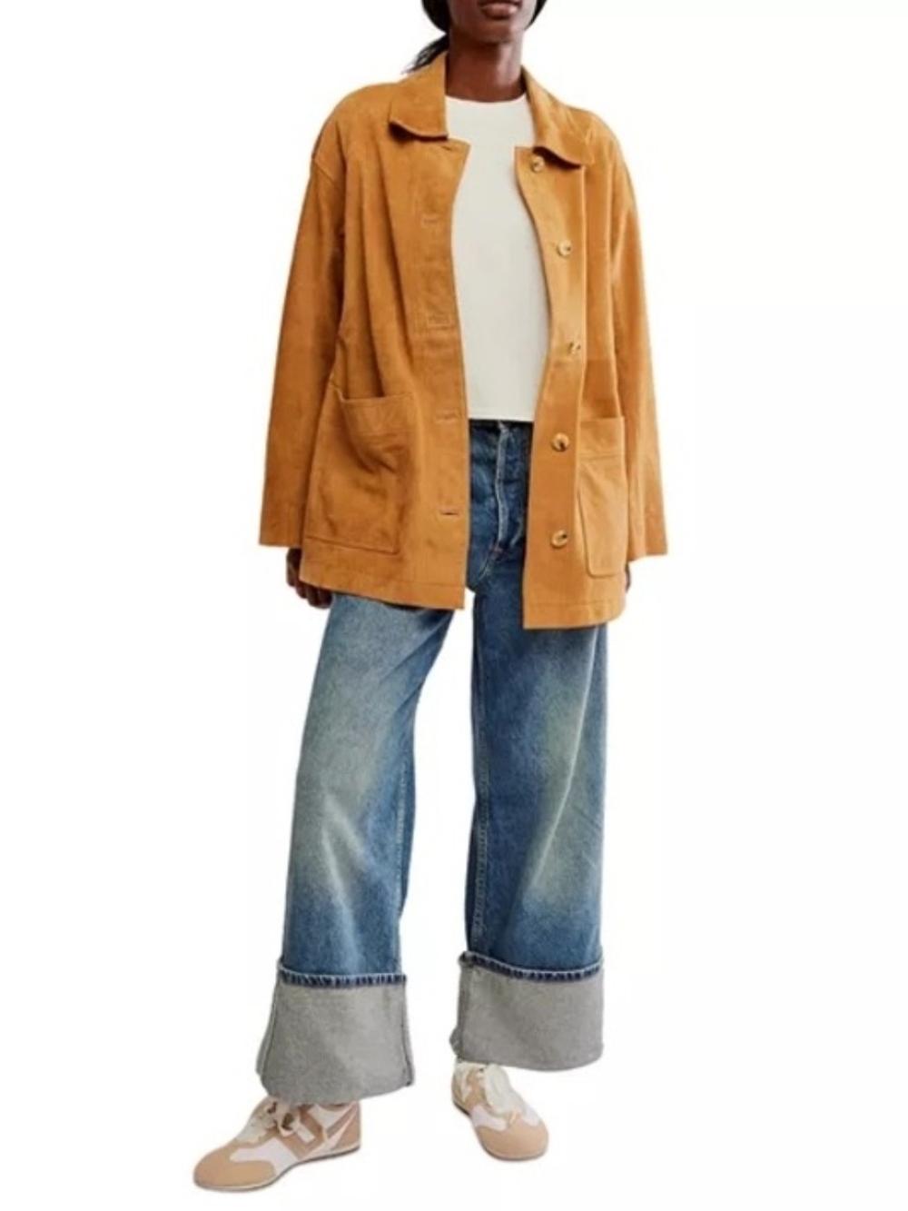 We The Free FP Annalise Suede Chore Coat Jacket Tan Slouchy Shirt Jacket Size L